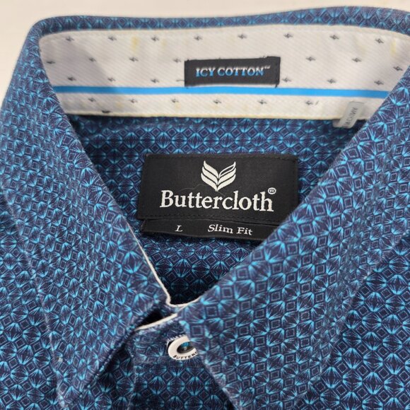Buttercloth Shirt Mens Large L Blue Patterned Icy Cotton Slim Fit - Picture 4 of 4